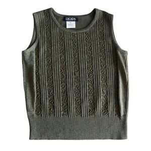 1980s ESCADA Metallic Olive Green Knit Sweater Sleeveless Party Resort 38 READ